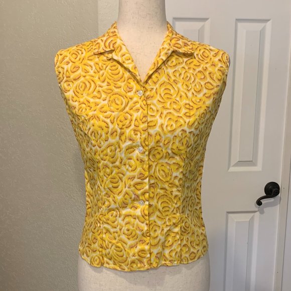 Source Unknown Tops - Vintage Blouse Colorful Yellow Floral Fitted Sleeveless Button Up Size 12